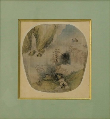 CHINA, 19. Jahrhundert, Entwurf für einen Fächer, Landschaft mit Wasserfall, Aquarell gerahmt in Goldrahmen, 19 x 19 cm