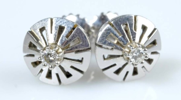 OHRSTECKER moderne Fassung (D 10mm), mittig jeweils zwei Brillanten, 585 Weißgold, Stecker mit Drehverschluss, 3,52g