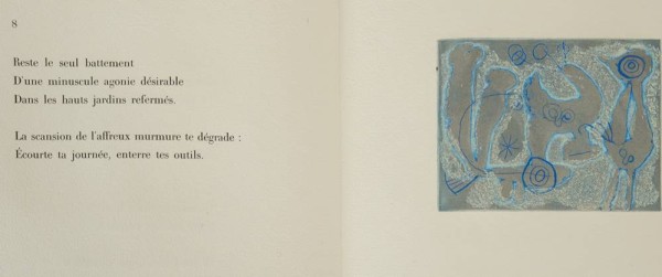 KÜNSTLERBUCH JOAN MIRÓ „Saccades“, sieben Original Farbradierungen /Aquatinta, jeweils 10x13cm, getrennt mit Seidenpapier, zwölf lose Lagen in Mappe, diese aufgeklappt 32x50cm, Mappe auf Vorderseite mit Original Lithographie in Rot und Schwarz, mit Original Unterschriften des Herausgebers und des Künstlers mit Bleistift auf vorletzter Lage, Nr. 31/125, weltweit nur 125 Exemplare, ein besonders schönes Mappenwerk, Hrsg. Galerie Maeght / Jacques Dupin, Paris 1962, gedruckt auf BFK Rives