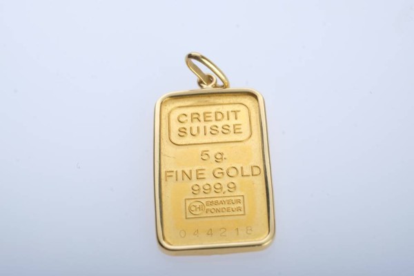 ANHÄNGER Goldbarren 999,9 fine gold, 5g, mit Anhängeröse 750 GG für eine Kette, 2,2x1,5cm, L gesamt 3,3cm, gesamt 5,78g
