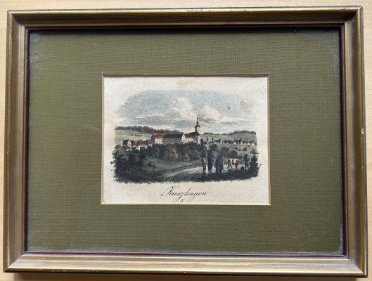 Kreuzlingen, altkolorierter Kupferstich. Im Vordergrund Straße mit Bauern und Vieh. Im Hintergrund Kreuzlinger Kloster. Papier leicht gebräunt.
