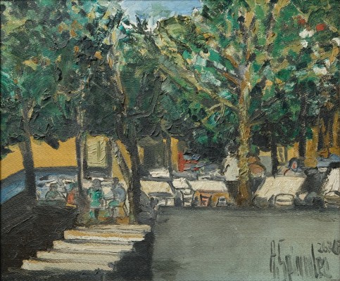 Spinnler, Rolf (1927-2000) Straßencafé, 1969, Öl auf Hartfaser.