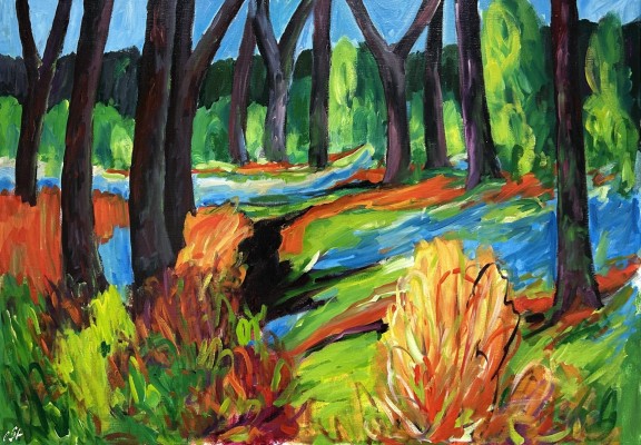 Steinhauser, Erwin (1939-2023) Landschaft in kräftigen Farben, Acryl auf Leinwand.