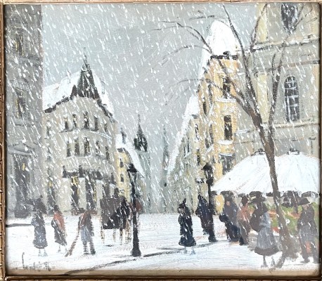 Anonym (20. Jahrhundert) Verschneiter Tag, Öl auf Leinwand. In der Stadt dennoch geschäftiges Treiben, schöne Hausfassaden.