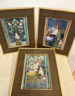 Thailand, drei mythologische Darstellungen, um 1800, Gouache auf Leinwand.