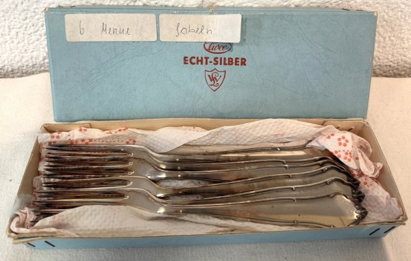 Menue-Gabeln, 800 Silber punziert, für sechs Personen.