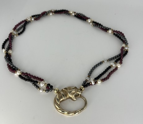 Perlencollier mit Panther Anhänger, 925 Silber, vergoldet.