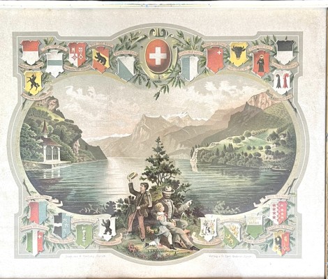 Thellung, A. „Reihe aus Tells Sage“, Farblithographie, um 1900. Verlag Fr. Carli Bodmer, Zürch. Guter Zustand, wohl Urnersee, umrahmt von Wappen Schweizer Städte wie z.B: Basel, Luzern, Thurgau, St. Gallen und vielen mehr.