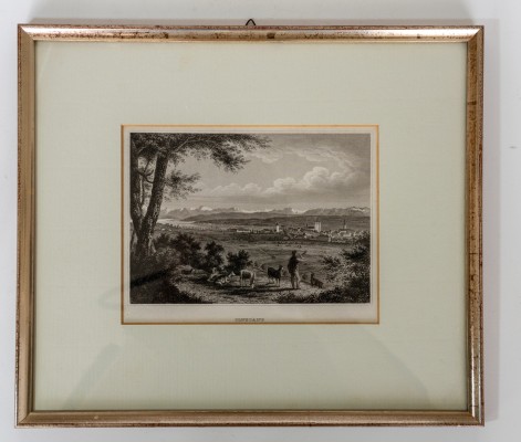 Konstanz mit Alpenpanorama, Stahlstich, um 1850.