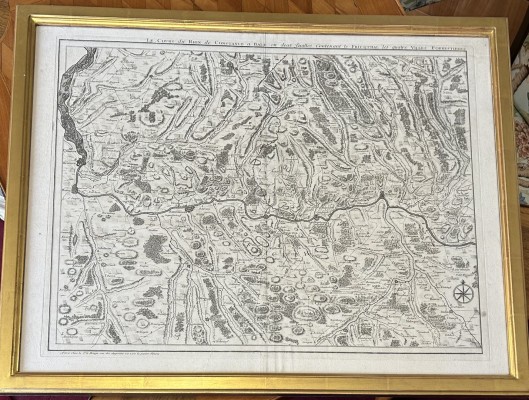 Alte Landkarte Rheinlauf „Le Cours du Rhin de Constance a Bale en deux feuilles contenant le Fricothal les quatre Villes Forrestieres”, Rheinlaufbeschreibung, Kupferstich, 1745.