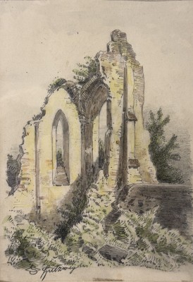 Spitzweg, Carl (1808-1885) Kapellenruine, aquarellierte Bleistiftzeichnung.