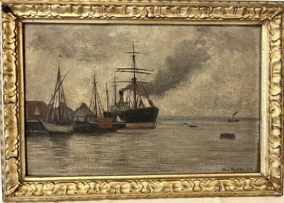 Von Hoven, Gottfried (1868-1921) Hafenszene mit Transportschiffen, Öl auf Leinwand auf Karton aufgezogen, 1919.
