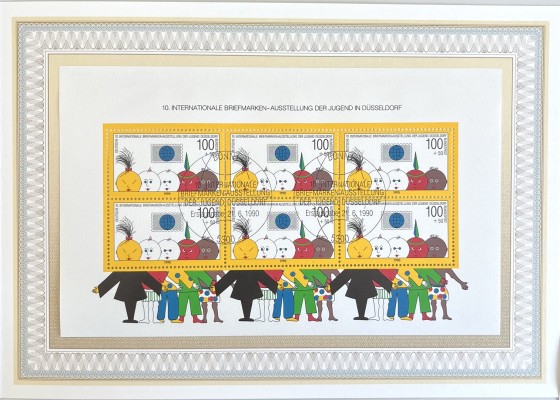 Ersttagsblatt der Deutschen Bundespost, 1990, Düsseldorf. 10. Internationale Briefmarken-Ausstellung der Jugend in Düsseldorf. Sechsfarben-Offsetdruck der Bundesdruckerei in Berlin. Die Briefmarken zeigen fünf Kinderköpfe. Entwurf: Heike Ullmann.