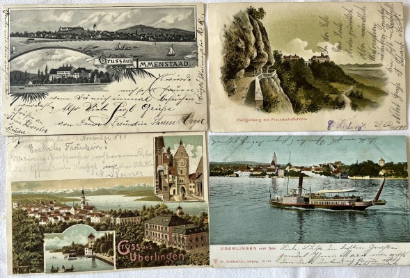 Postkarten Konvolut, 19 Stück, meist um 1900, u.a. Überlingen, Immenstadt, Rheinfall.