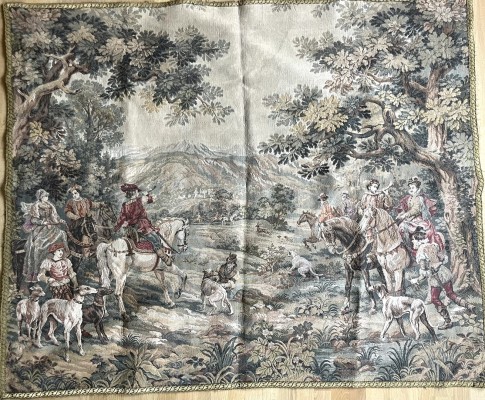 Gobelin, Jagdszene, Wolle, 20. Jahrhundert. Klassische Jagdgesellschaft bei einer Treibjagd mit Reitern, vielen Hunden, die u.a. einen Hirsch verfolgen. Guter Zustand.