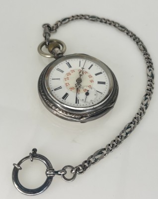 Taschenuhr mit Kette, 800 Silber, Widmung 