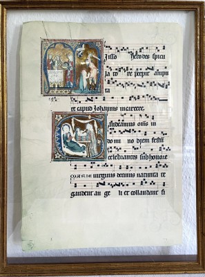 Choralblatt, Mittelalter, Latein, Vorder- und Rückseite, reich mit farbigen Motiven aus der Bibel verziert.