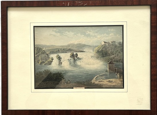Rheinfall Schaffhausen, von Jacob Mayer, Aquatinta, altkoloriert, Bleuler Schule, um 1830.