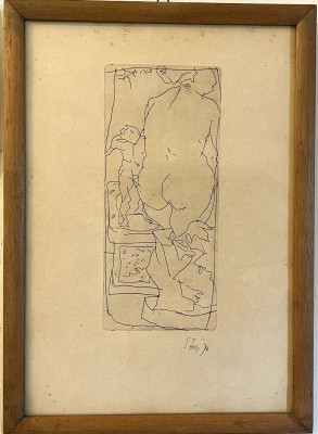 Anonym (20. Jahrhundert) Badende, 1973, Radierung. Eine Person, von hinten abgebildet, steigt in eine Wanne. Abstrakt gehalten.