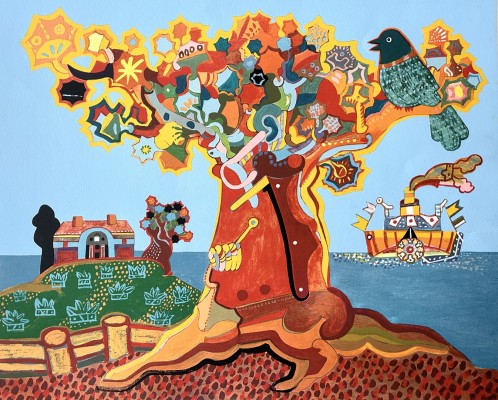 Diettrich (20.Jahrhundert) Bunte Landschaft, 1974, handkolorierte Farblithographie.