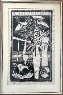 Rückert, Erich Andreas (1920-2016), Blumen und Früchtestilleben, 1957/58, Holzstich.