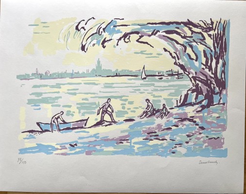 Sauerbruch, Hans, (1910-1996), Badeszene, Farbserigraphie. Lokal sehr beliebtes Motiv nahe der Schmugglerbucht am Konstanzer Hörnle. Expressionistisch meisterlich dargestellte fröhliche Badeszene mit Blick auf die Konstanzer Stadtsilhouette. Ein Werk das jedes Zuhause in Konstanz schmücken sollte.