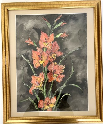 Anonym (20. Jahrhundert) Gladiolen, Aquarell. Rote Gladiolen vor dunklem Hintergrund.