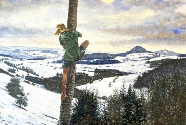 Heyder, Roland (geboren 1956) Junger Kletterer auf dem Baum, 1989, Aquarell.