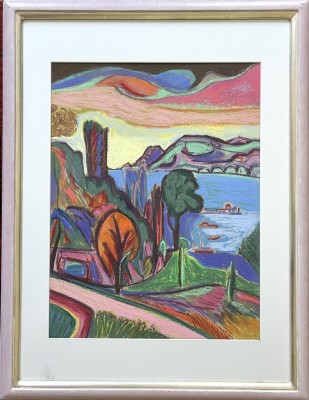 Faller, Rüdiger (1942-2022) Blick von der Höri auf den Untersee, 1995, Pastell, unter Glas gerahmt.
