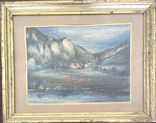 Rückert, Erich Andreas (1920-2016), Felsental, 1947, Pastellkreide. Felsental mit Gehöft mit See im Vordergrund.
