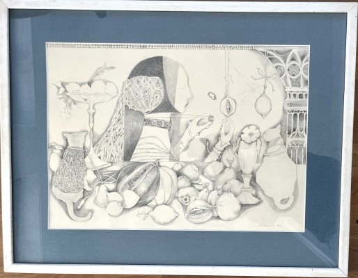 Rückert, Erich-Andreas (1920-2016) Die Frau die mit den Katzen sprechen kann, 1991, Bleistiftzeichnung. Ein Stillleben mit einer Dame, zwei Katzen und vielen Früchten.