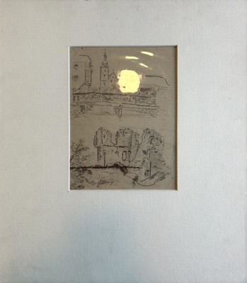 Spitzweg, Karl (1808-1885) Skizze eines Dorfes und einer Ruine, Zeichnung.