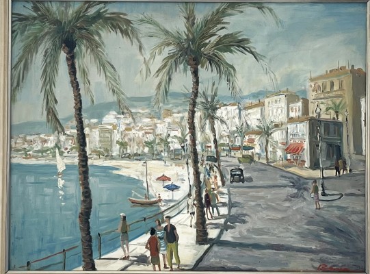 Anonym (20. Jahrhundert), Promenade, Öl auf Leinwand. Geschäftiges Treiben auf der Promenade des Anglais Nizza.