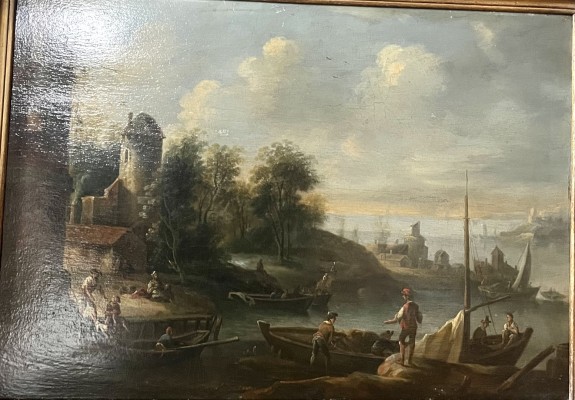 Anonym (19. Jahrhundert), kleiner Hafen, Öl auf Platte. Viele arbeitende Männer an einem kleinen Hafen. Feine Malerei.