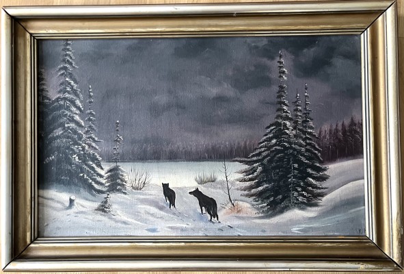 Anonym (20. Jahrhundert) Wölfe im Schnee, Öl auf Leinwand. Dunkle und winterliche Darstellung wie zwei Wölfe im Schnee spazieren gehen.
