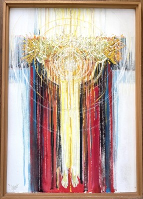 Anonym (20. Jahrhundert), Christus am Kreuz, 1977, Öl auf Karton.