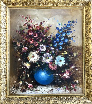 Anonym (20. Jahrhundert) expressionistischer Blumenstrauß, Öl auf Leinwand. Der Strauß explodiert förmlich und schleudert die Blumen dem Betrachter entgegen.