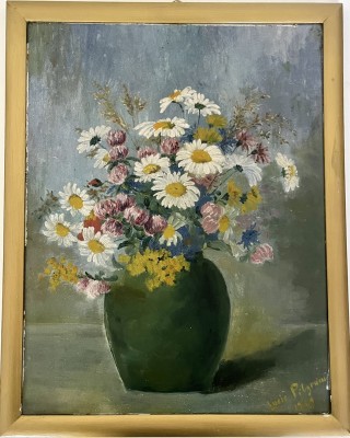 Anonym (20. Jahrhundert), Blumenstillleben, 1929, Öl auf Platte. Herausstechende Blumen in einer grünen Vase vor grünlichem Hintergrund.