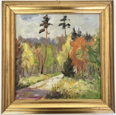 Anonym (20. Jahrhundert) Waldszene, 1986, Öl auf Platte. Expressionistische Darstellung eines Waldwegs. Stimmungsvolles und helles Gemälde.