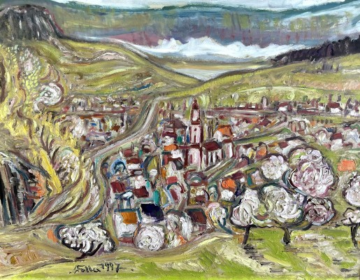 Faller, Rüdiger (1942-2022) Hilzingen Ansicht, 1997, Öl auf Platte.