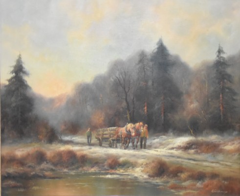 Feldkamp, Heinrich E. (geboren 1932) Pferdefuhrwerk in schneebedecktem Wald, Öl auf Leinwand.