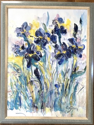 Grimm, C. (20. Jahrhundert), Iris, 1994, Öl auf Platte. Eine blaue und gelbe Iris in voller Blüte.