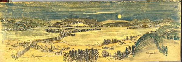 Hangarter, Walter (1929-1995), Panoramasicht auf den Untersee, Mischtechnik auf Malkarton.