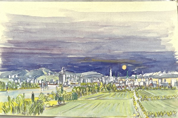 Hangarter, Walter (1929-1995) Blick auf das alte Unihochhaus in Konstanz, Mischtechnik auf Malkarton. Die Grünen Felder bieten einen Kontrast zum dunklen Himmel, wodurch das Bild seine Wirkung erlangt.