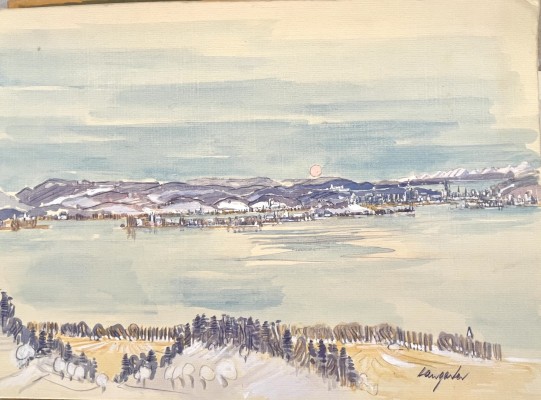 Hangarter, Walter (1929-1995) Blick von einer Anhöhe hinter Ermatingen nach Osten, Mischtechnik auf Malkarton.