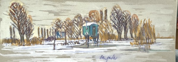 Hangarter, Walter (1929-1995), Schäferwagen auf der Reichenau, Mischtechnik auf Malkarton.