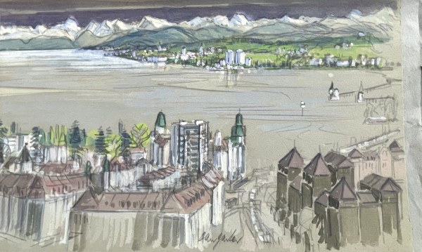 Hangarter, Walter (1929-1995) Blick von Konstanz Petershausen nach Kreuzlingen, Mischtechnik auf Malkarton.