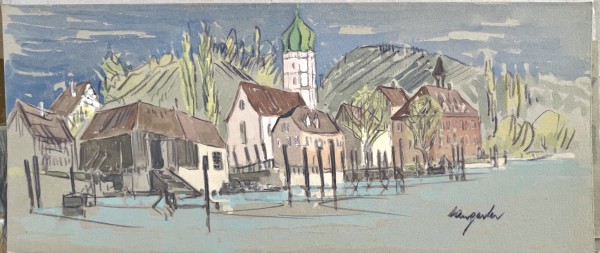 Hangarter, Walter (1929-1995) Wasserburg bei Lindau, Mischtechnik auf Malkarton.