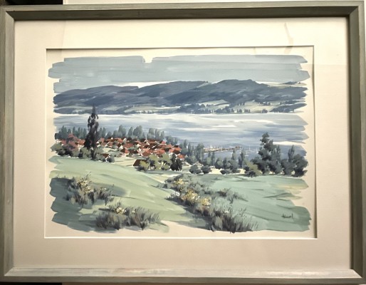 Heimerl, Helmut (20. Jahrhundert), Wangen, Tempera. Blick auf Wangen und den Landungssteg am Untersee. Farbenfrohes Bild mit der Darstellung eines Sommertags am Bodensee, wie er schöner nicht sein kann.