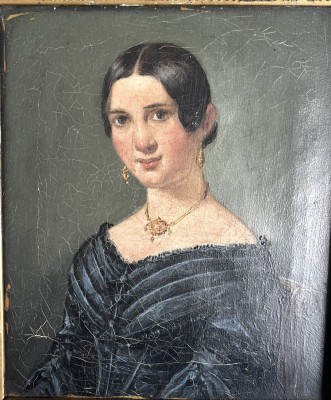 Hoffmann (19. Jahrhundert), Portrait Magdalene, 1845, Öl auf Leinwand. Edle, schön gekleidete Dame die den Betrachter anblickt. Magdalene Wiekert geboren Schweizer.